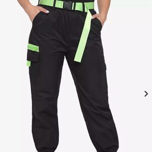 Black & Neon Green Contrast Belted Cargo Jogger Pants BRAT green size large nwt